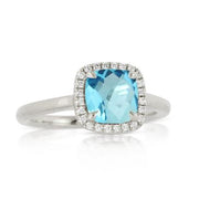 18K White Gold Swiss Blue Topaz and Diamond Halo Ring